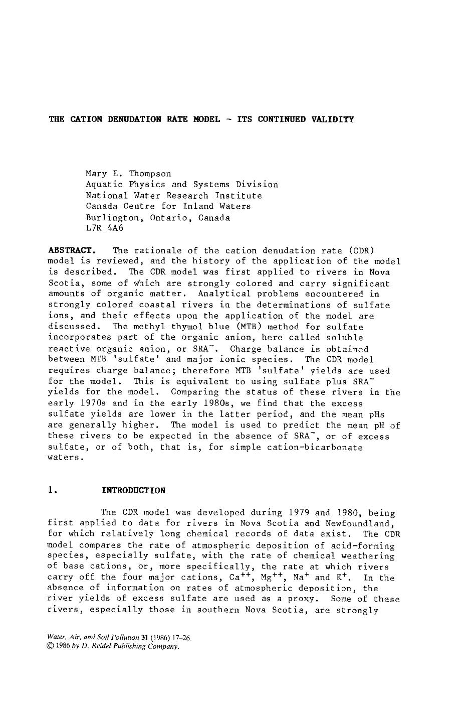 The cation denudation rate model — Its continued validity by Unknown