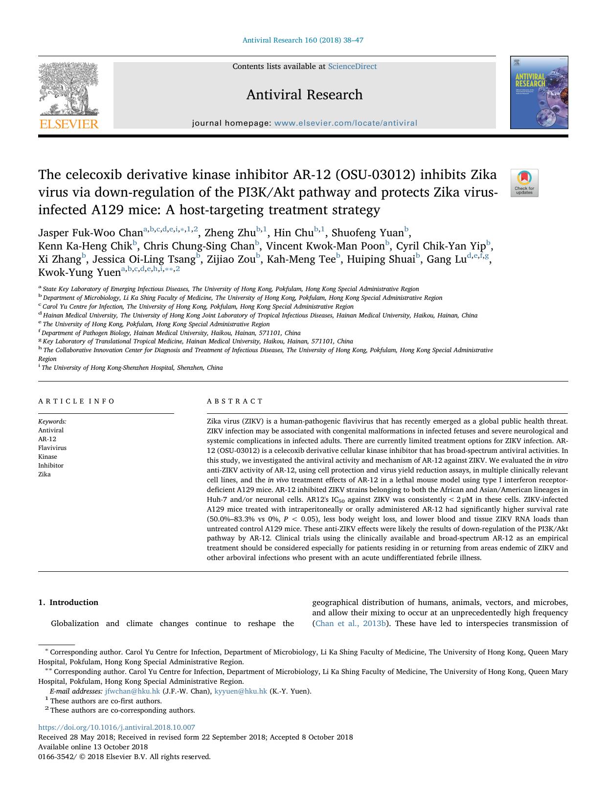 The celecoxib derivative kinase inhibitor AR-12 (OSU-03012) inhibits Zika virus via down-regulation of the PI3KAkt pathway and protects Zika virus-infected A129 mice_ A host-target by unknow