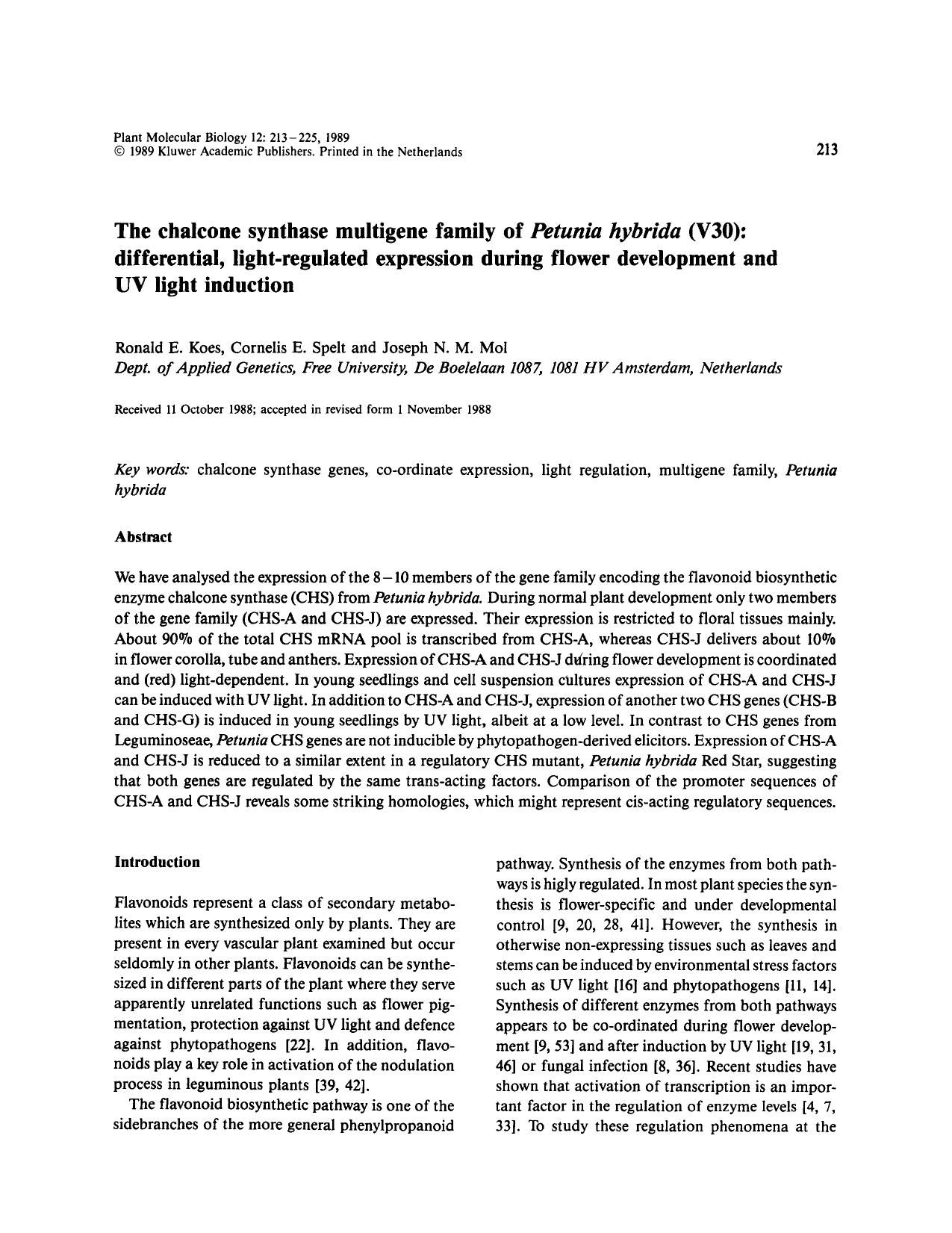 The chalcone synthase multigene family of <Emphasis Type="Italic">Petunia hybrida <Emphasis> (V30): differential, light-regulated expression during flower development and UV light induction by Unknown
