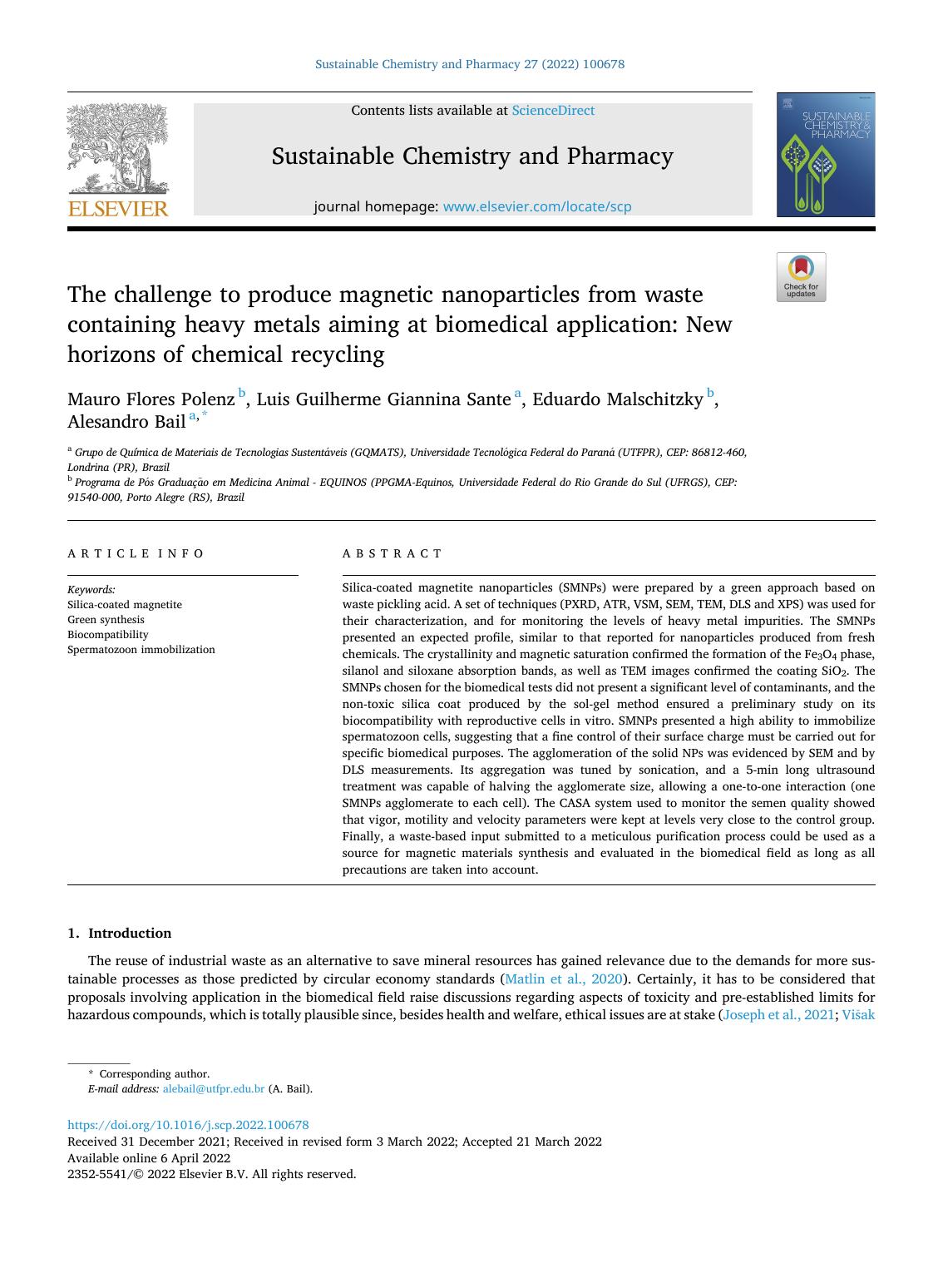 The challenge to produce magnetic nanoparticles from waste containing heavy metals aiming at biomedical application: New horizons of chemical recycling by Mauro Flores Polenz & Luis Guilherme Giannina Sante & Eduardo Malschitzky & Alesandro Bail