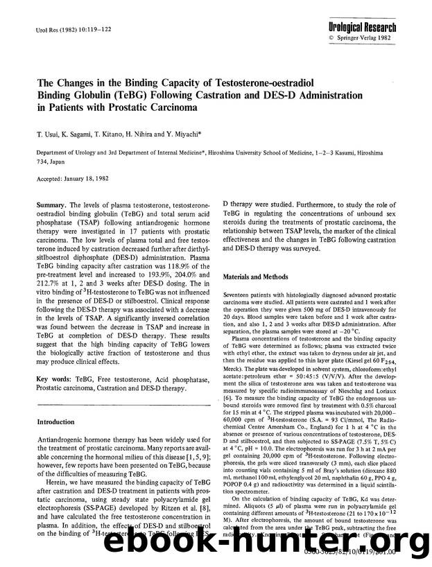 The changes in the binding capacity of testosterone-oestradiol binding globulin (TeBG) following castration and DES-D administration in patients with prostatic carcinoma by Unknown