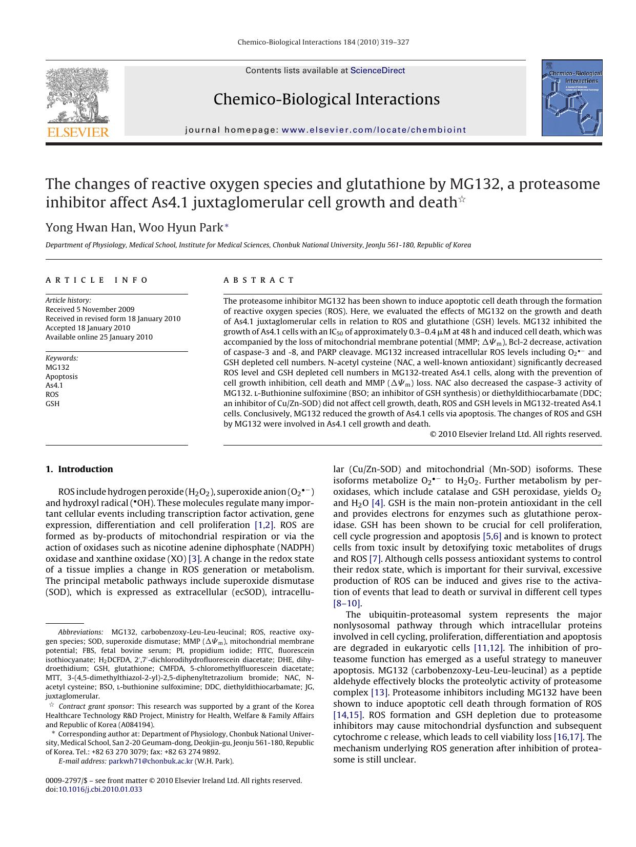 The changes of reactive oxygen species and glutathione by MG132, a proteasome inhibitor affect As4.1 juxtaglomerular cell growth and death by Yong Hwan Han; Woo Hyun Park