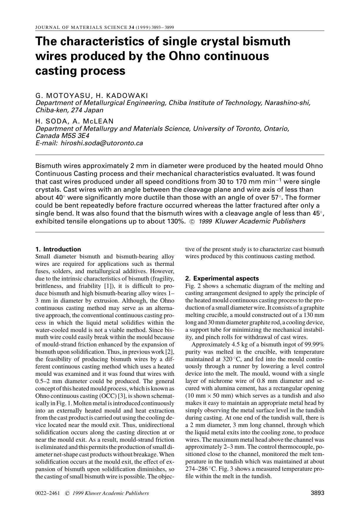 The characteristics of single crystal bismuth wires produced by the Ohno continuous casting process by Unknown