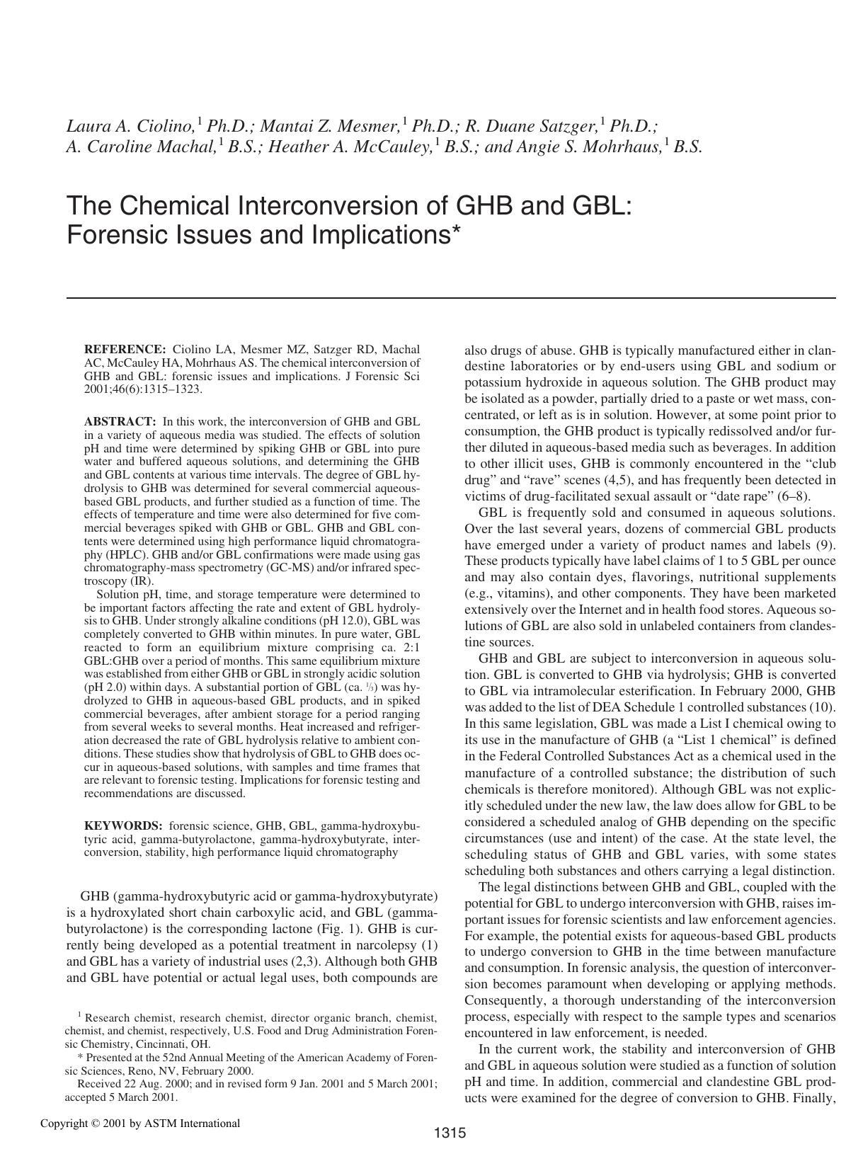 The chemical interconversion of GHB and GBL: forensic issues and implications by Ciolino LA Mesmer MZ Satzger RD Machal AC McCauley HA Mohrhaus AS