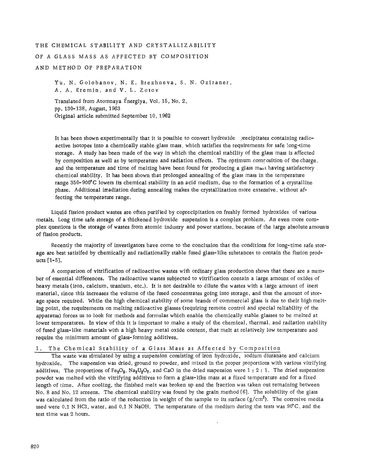 The chemical stability and crystallizability of a glass mass as affected by composition and method of preparation by Unknown