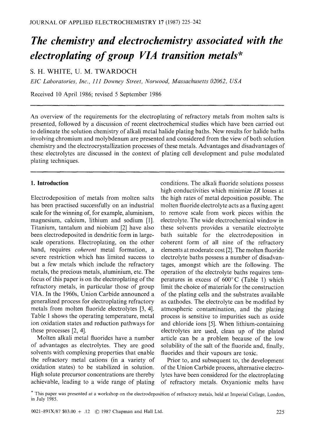 The chemistry and electrochemistry associated with the electroplating of group VIA transition metals by Unknown