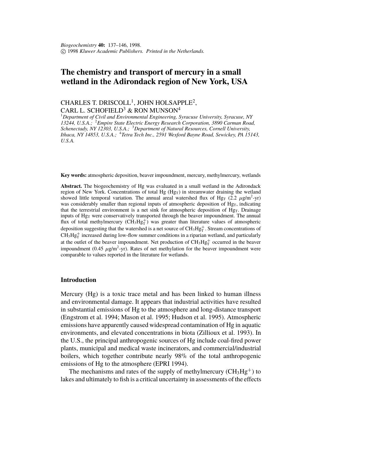 The chemistry and transport of mercury in a small wetland in the Adirondack region of New York, USA by Unknown