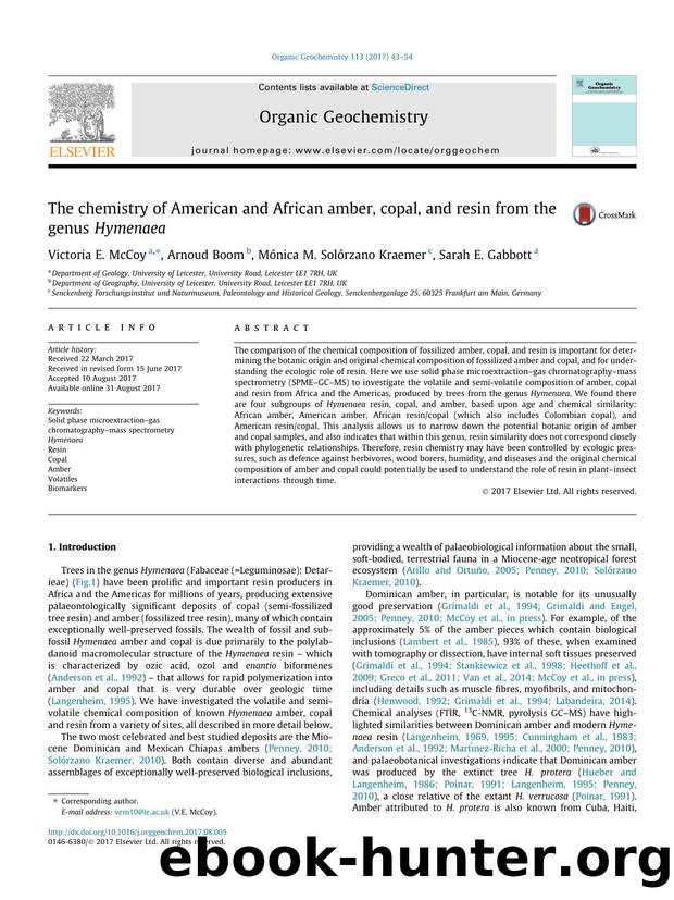 The chemistry of American and African amber, copal, and resin from the genus Hymenaea by Victoria E. McCoy & Arnoud Boom & Mónica M. Solórzano Kraemer & Sarah E. Gabbott