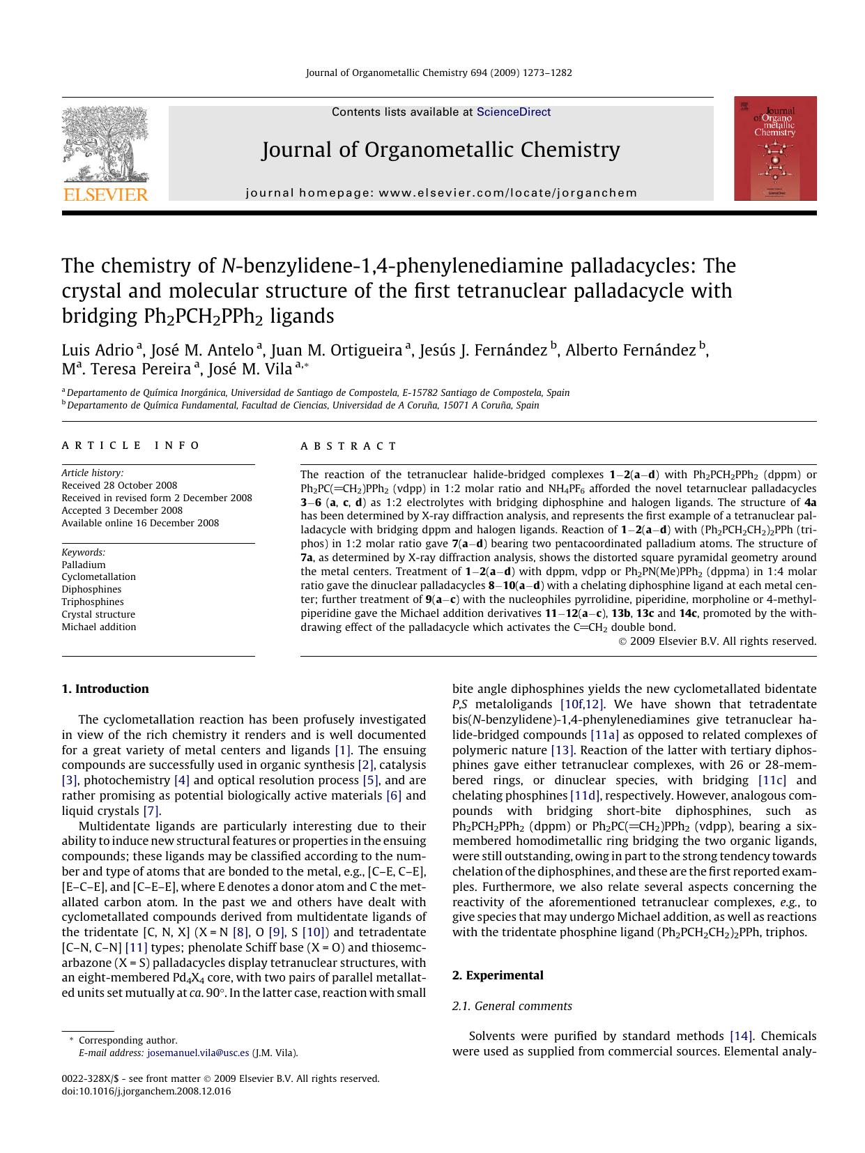 The chemistry of N-benzylidene-1,4-phenylenediamine palladacycles: The crystal and molecular structure of the first tetranuclear palladacycle with bridging Ph2PCH2PPh2 ligands by unknow