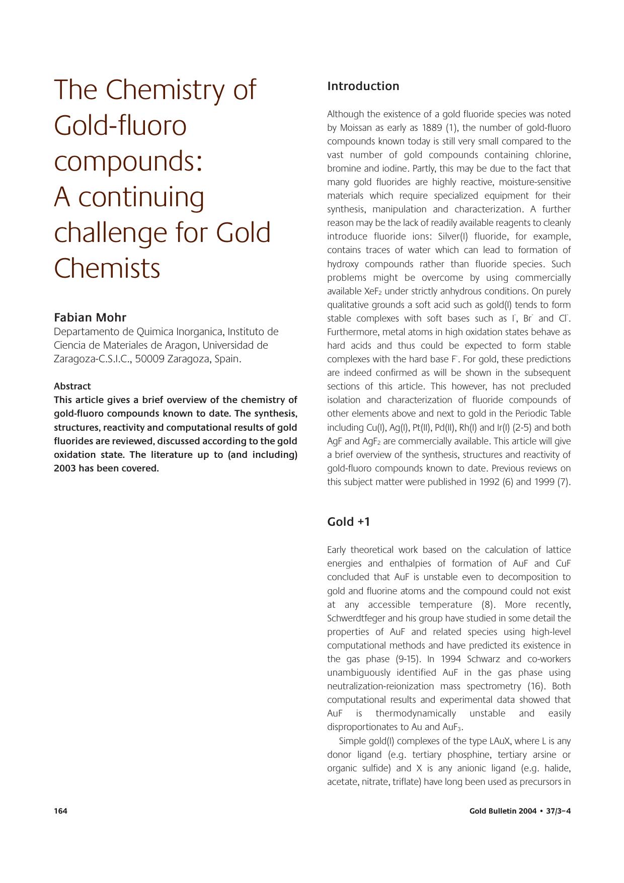 The chemistry of gold-fluoro compounds: A continuing challenge for gold chemists by Unknown