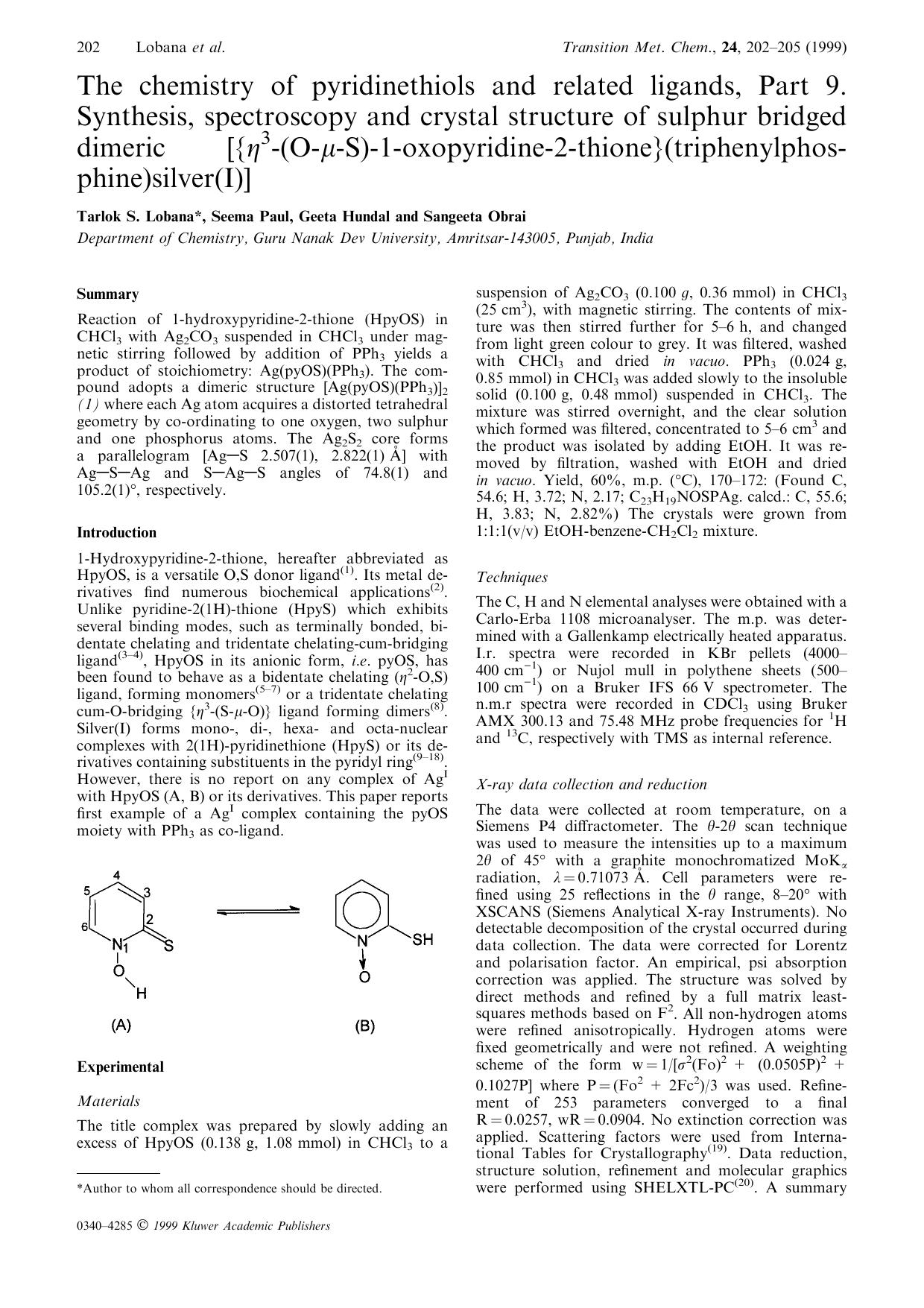 The chemistry of pyridinethiols and related ligands, Part 9. Synthesis, spectroscopy and crystal structure of sulphur bridged dimeric [&#x007B;&#x03B7;3-(O-&#x03BC;-S)-1-oxopyridin by Unknown