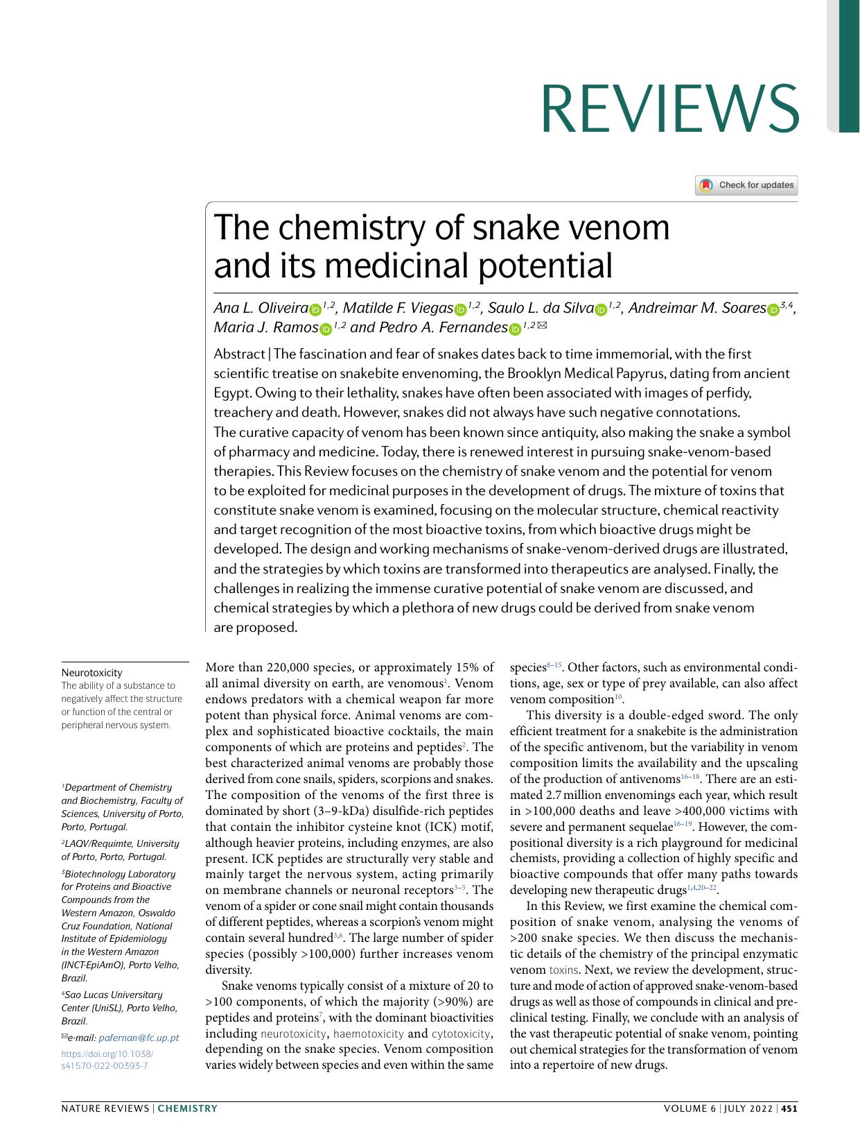 The chemistry of snake venom and its medicinal potential by unknow