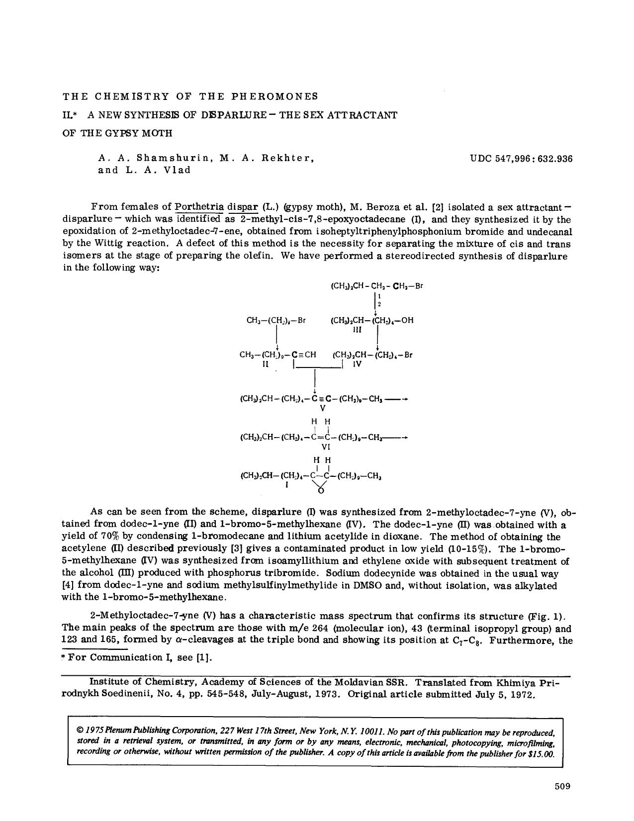The chemistry of the pheromones II. A new synthesis of disparlure — The sex attractant of the gypsy moth by Unknown