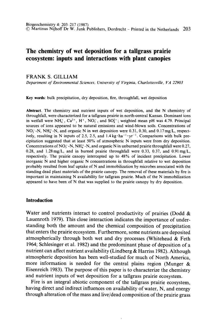 The chemistry of wet deposition for a tallgrass prairie ecosystem: inputs and interactions with plant canopies by Unknown