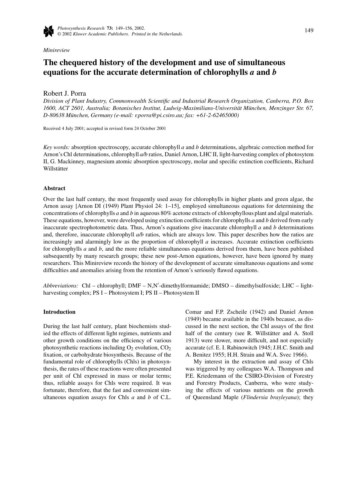 The chequered history of the development and use of simultaneous equations for the accurate determination of chlorophylls <Emphasis Type="Italic">a<Emphasis> and <Emphasis Type="Italic">b<Emphasis> by Unknown