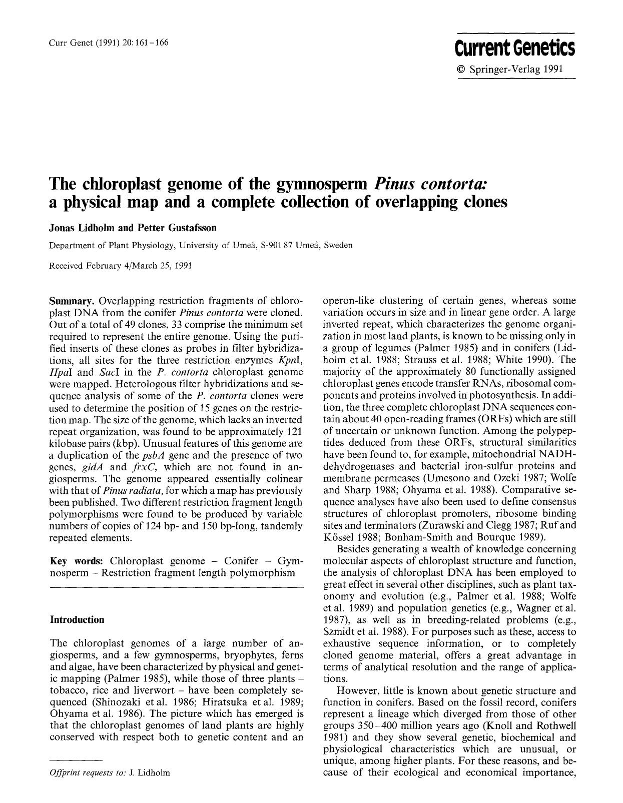 The chloroplast genome of the gymnosperm <Emphasis Type="Italic">Pinus contorta<Emphasis>: a physical map and a complete collection of overlapping clones by Unknown
