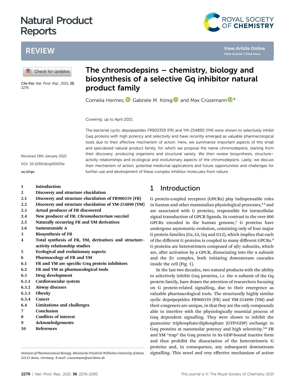 The chromodepsins â chemistry, biology and biosynthesis of a selective Gq inhibitor natural product family by Cornelia Hermes & Gabriele M. König & Max Crüsemann