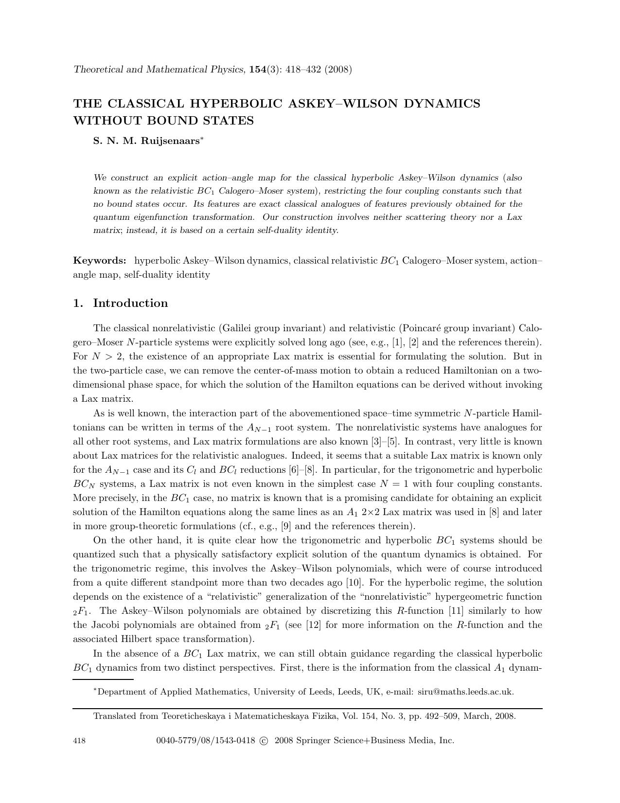 The classical hyperbolic Askey-Wilson dynamics without bound states by Unknown