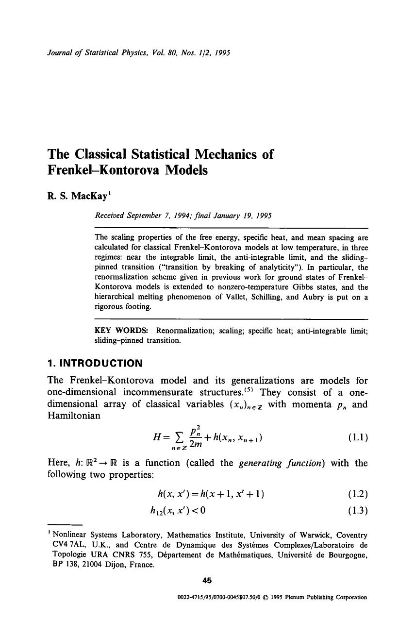 The classical statistical mechanics of Frenkel-Kontorova models by Unknown