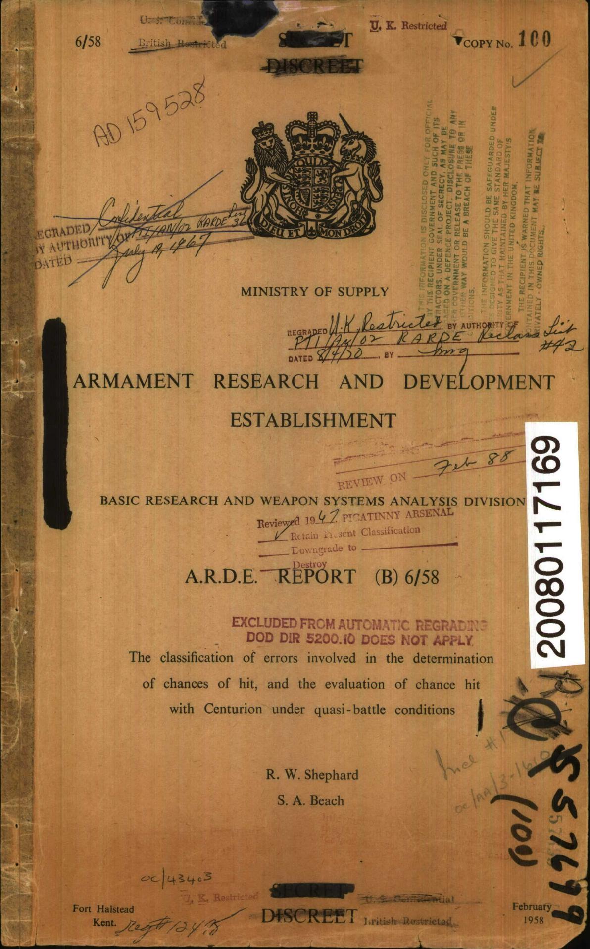 The classification of errors involved in the determination of chances of hit, and the evaluation of chance hit with Centurion under quasi-battle conditions by Shephard R.W. Beach S.A