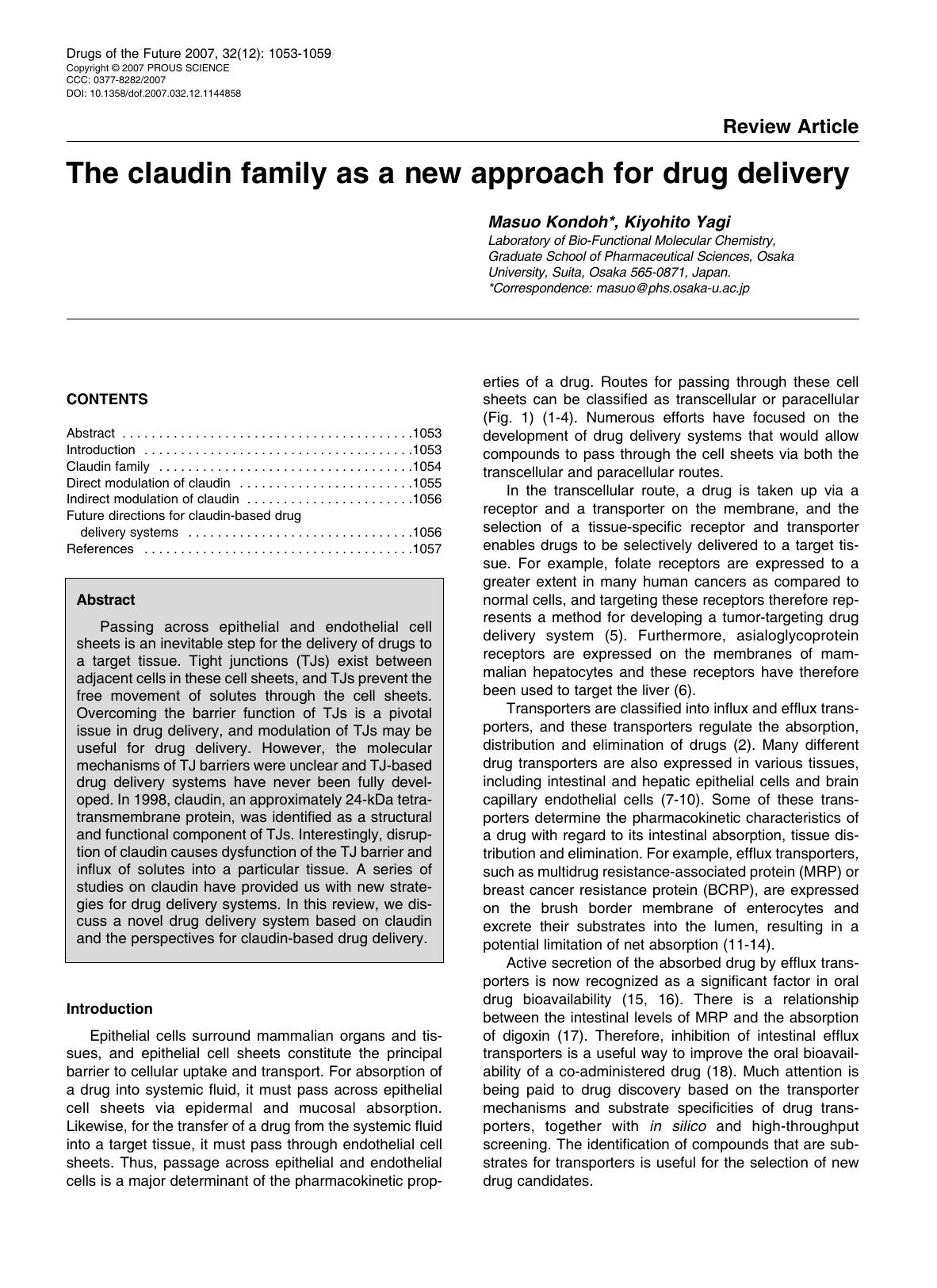 The claudin family as a new approach for drug delivery by Prous Sciencce (c) 2007