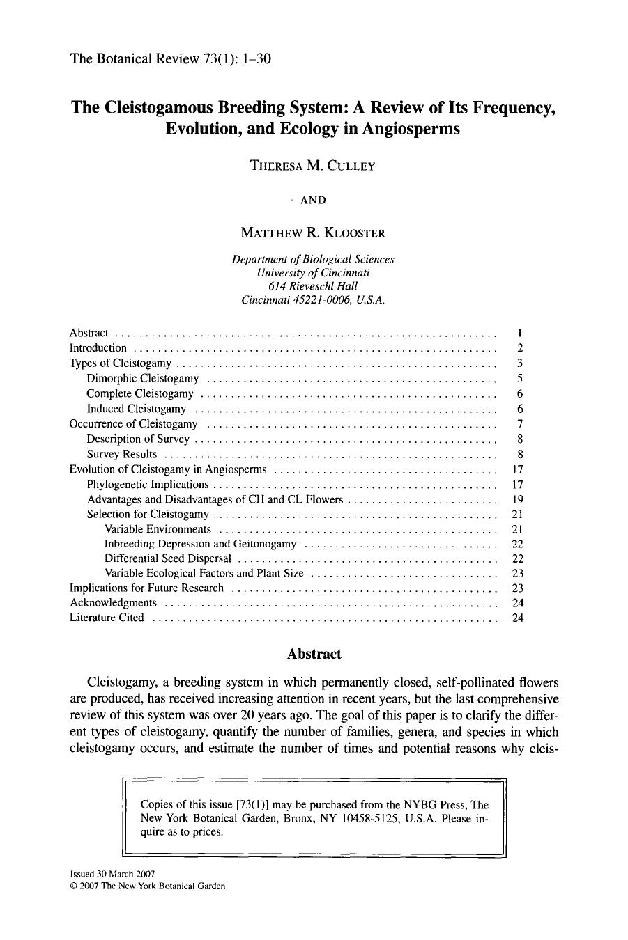 The cleistogamous breeding system: A review of its frequency, evolution, and ecology in angiosperms by Unknown