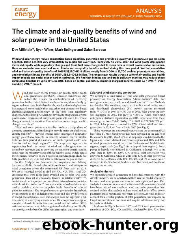 The climate and air-quality benefits of wind and solar power in the United States by Dev Millstein; Ryan Wiser; Mark Bolinger; Galen Barbose
