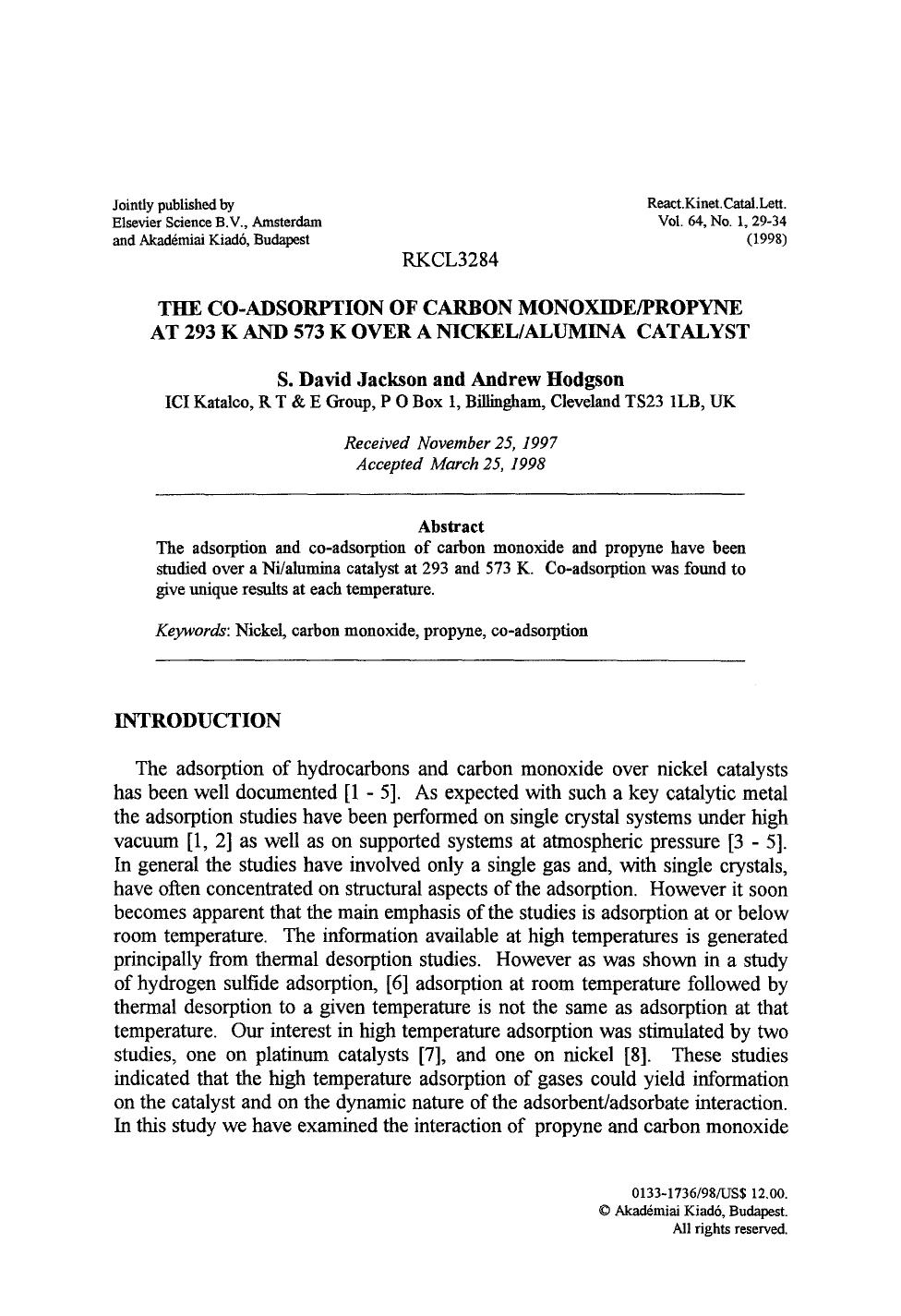 The co-adsorption of carbon monoxidepropyne at 293 K and 573 K over a nickelalumina catalyst by Unknown