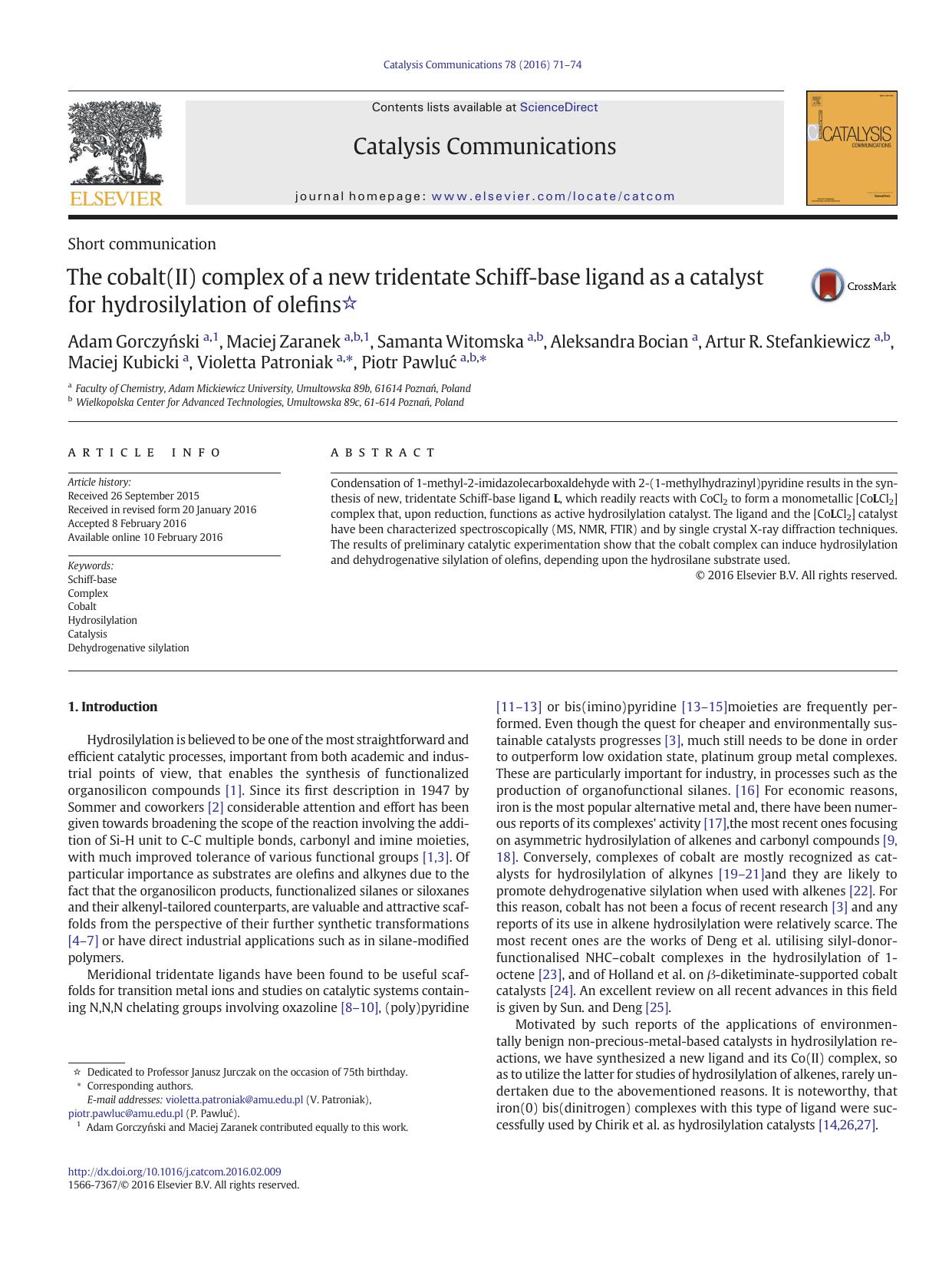 The cobalt(II) complex of a new tridentate Schiff-base ligand as a catalyst for hydrosilylation of olefins by unknow