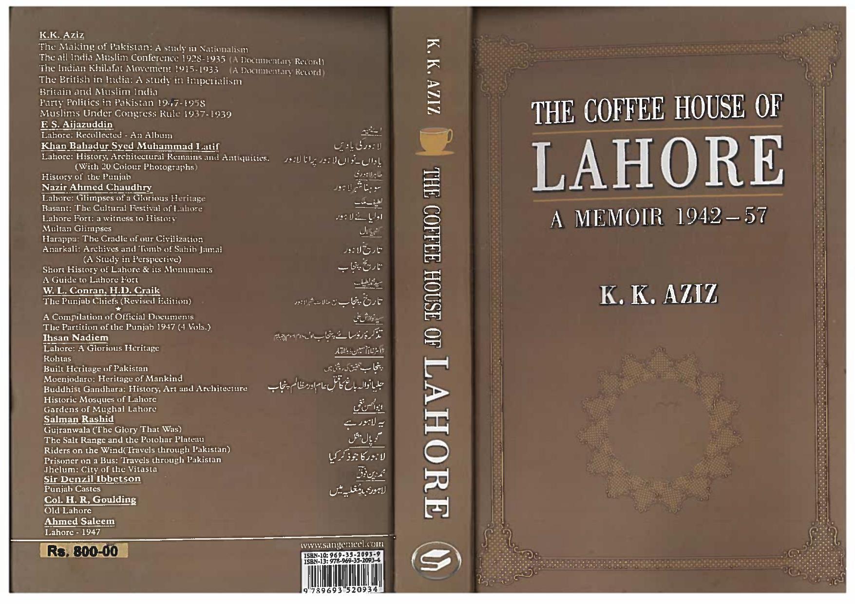 The coffee house of Lahore, a memoir 1942-57 by KK Aziz