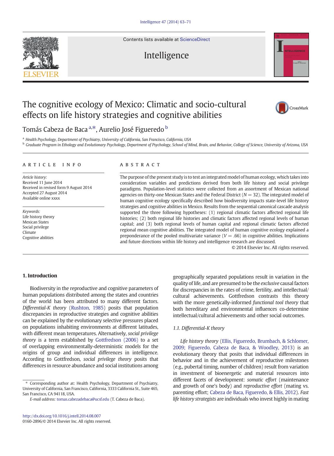 The cognitive ecology of Mexico: Climatic and socio-cultural effects on life history strategies and cognitive abilities by Tomás Cabeza de Baca & Aurelio José Figueredo
