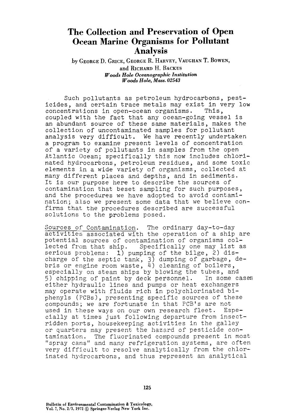 The collection and preservation of open ocean marine organisms for pollutant analysis by Unknown