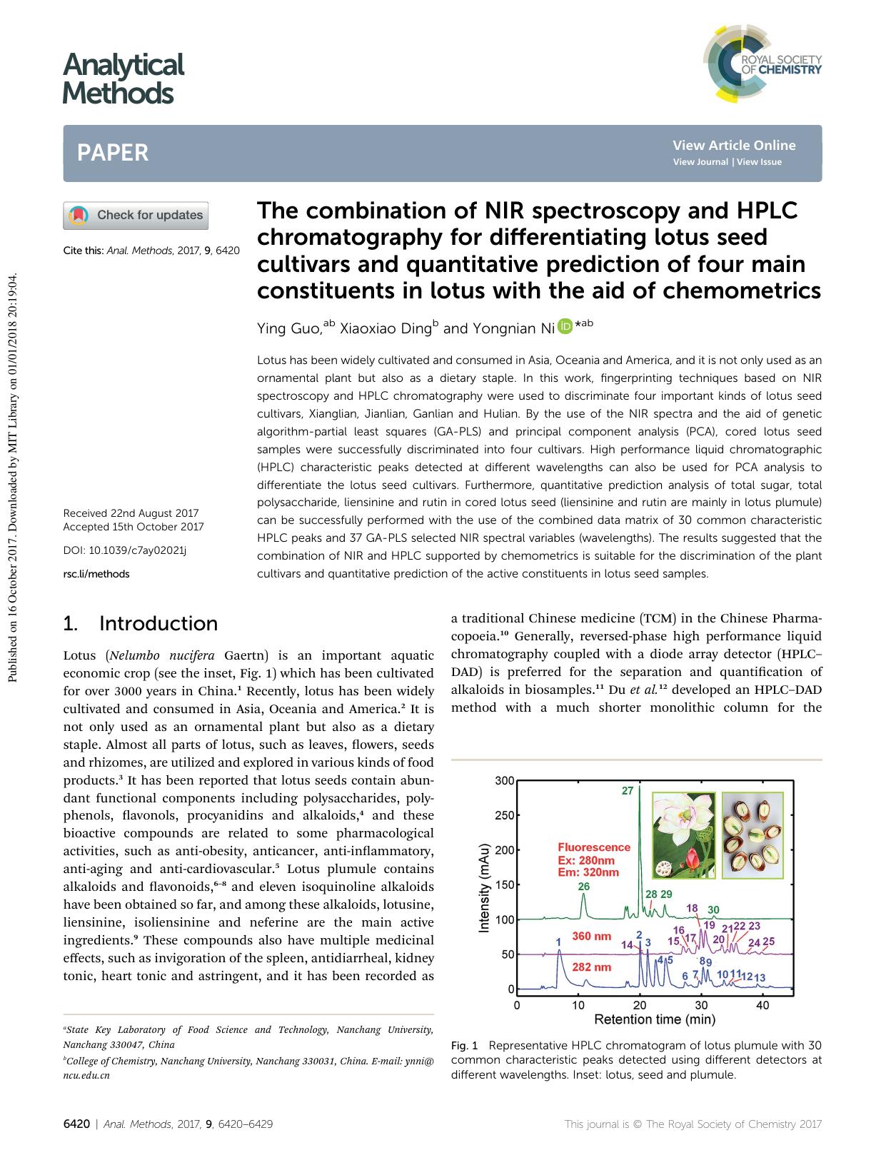 The combination of NIR spectroscopy and HPLC chromatography for differentiating lotus seed cultivars and quantitative prediction of four main constituents in lotus with the aid of chemometrics by Ying Guo & Xiaoxiao Ding & Yongnian Ni
