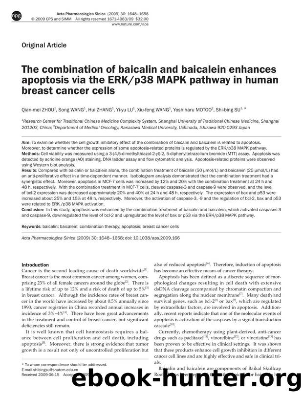 The combination of baicalin and baicalein enhances apoptosis via the ERKp38 MAPK pathway in human breast cancer cells by Qian-mei Zhou & Song Wang & Hui Zhang & Yi-yu Lu & Xiu-feng Wang & Yoshiharu Motoo & Shi-bing Su