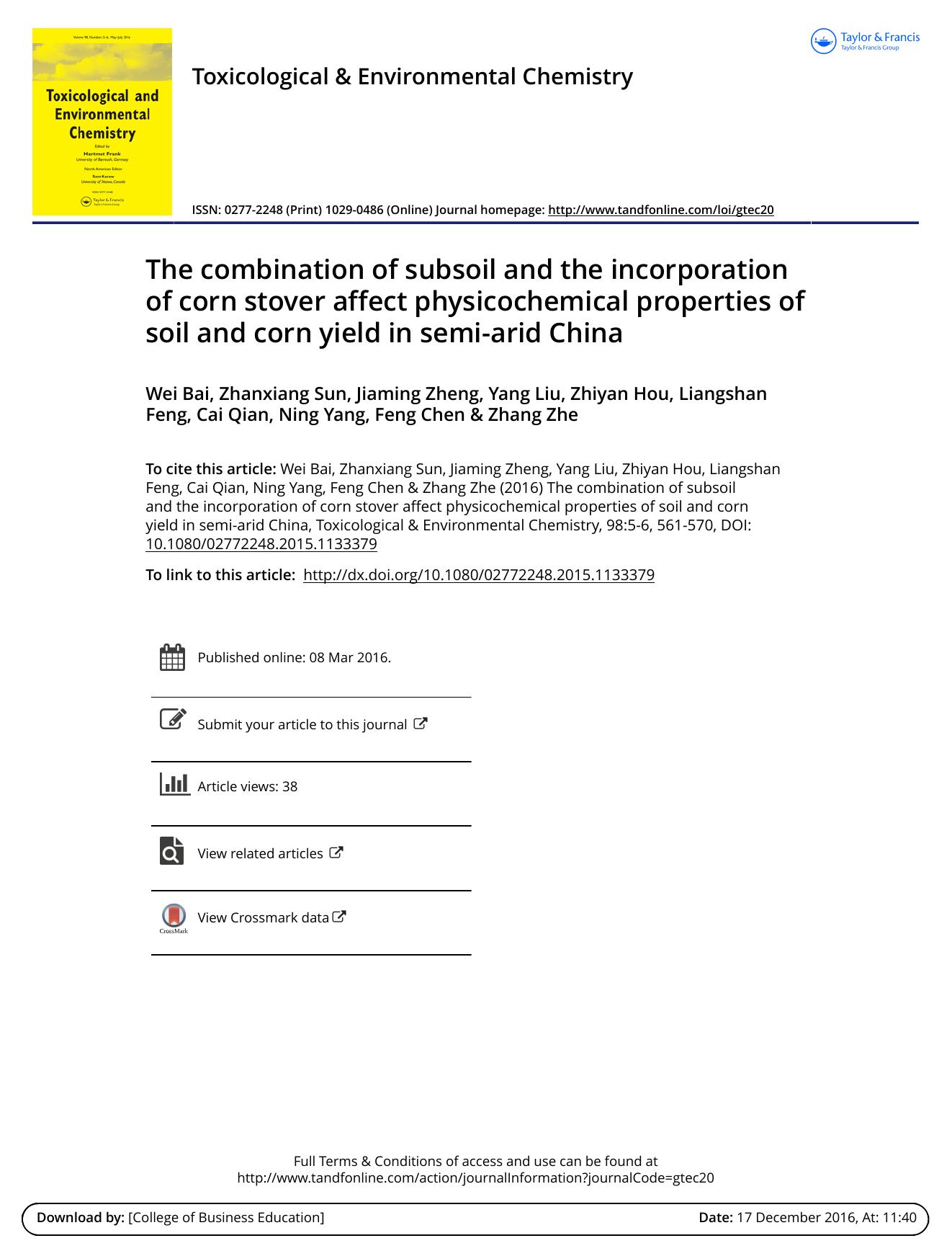 The combination of subsoil and the incorporation of corn stover affect physicochemical properties of soil and corn yield in semi-arid China by unknow