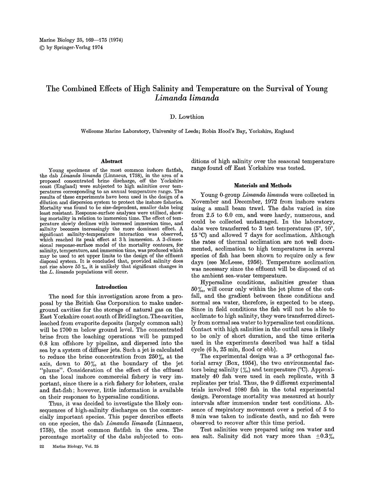 The combined effects of high salinity and temperature on the survival of young <Emphasis Type="Italic">Limanda limanda<Emphasis> by Unknown