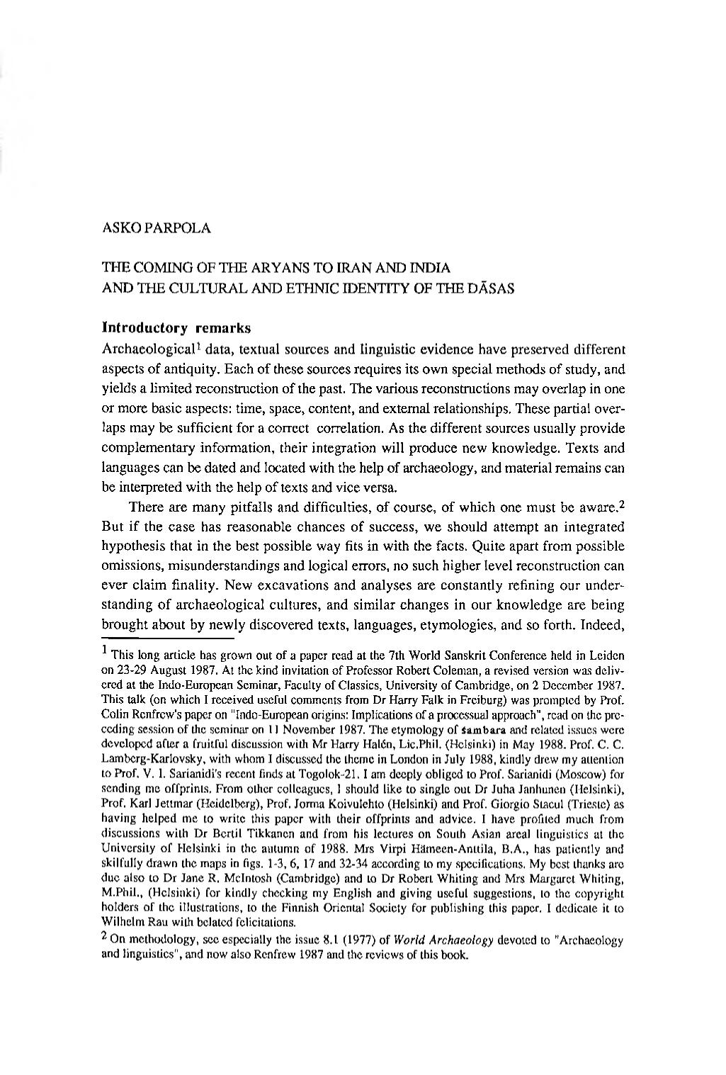 The coming of the Aryans to Iran and India and the cultural and ethnic identity of the Dasas by Parpola A