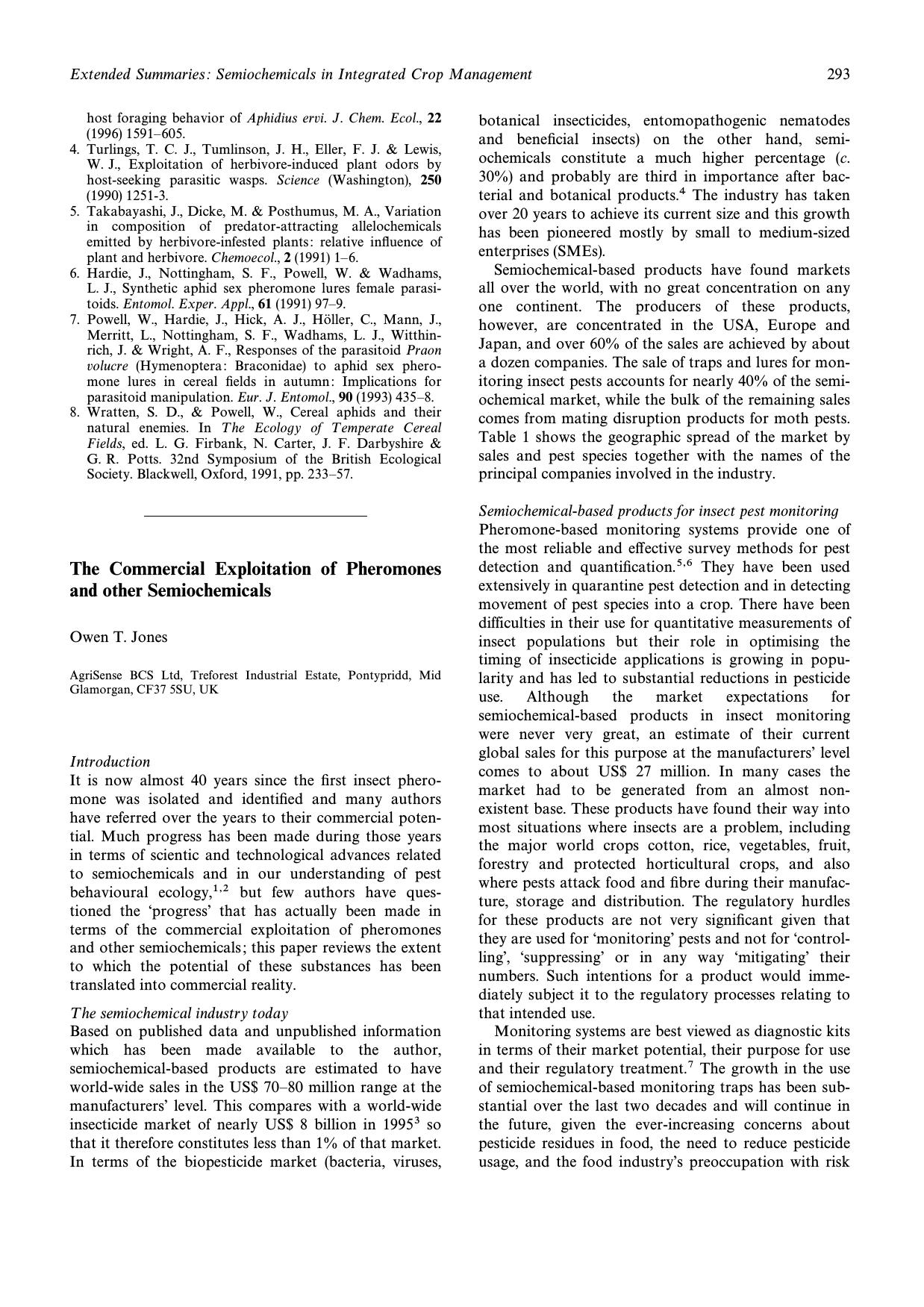 The commercial exploitation of pheromones and other semiochemicals by Unknown