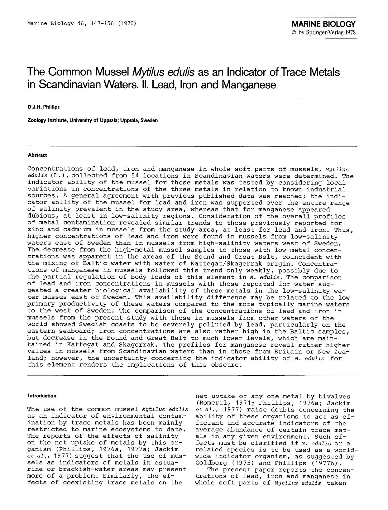 The common mussel <Emphasis Type="Italic">Mytilus edulis<Emphasis> as an indicator of trace metals in Scandinavian waters. II. lead, iron and manganese by Unknown