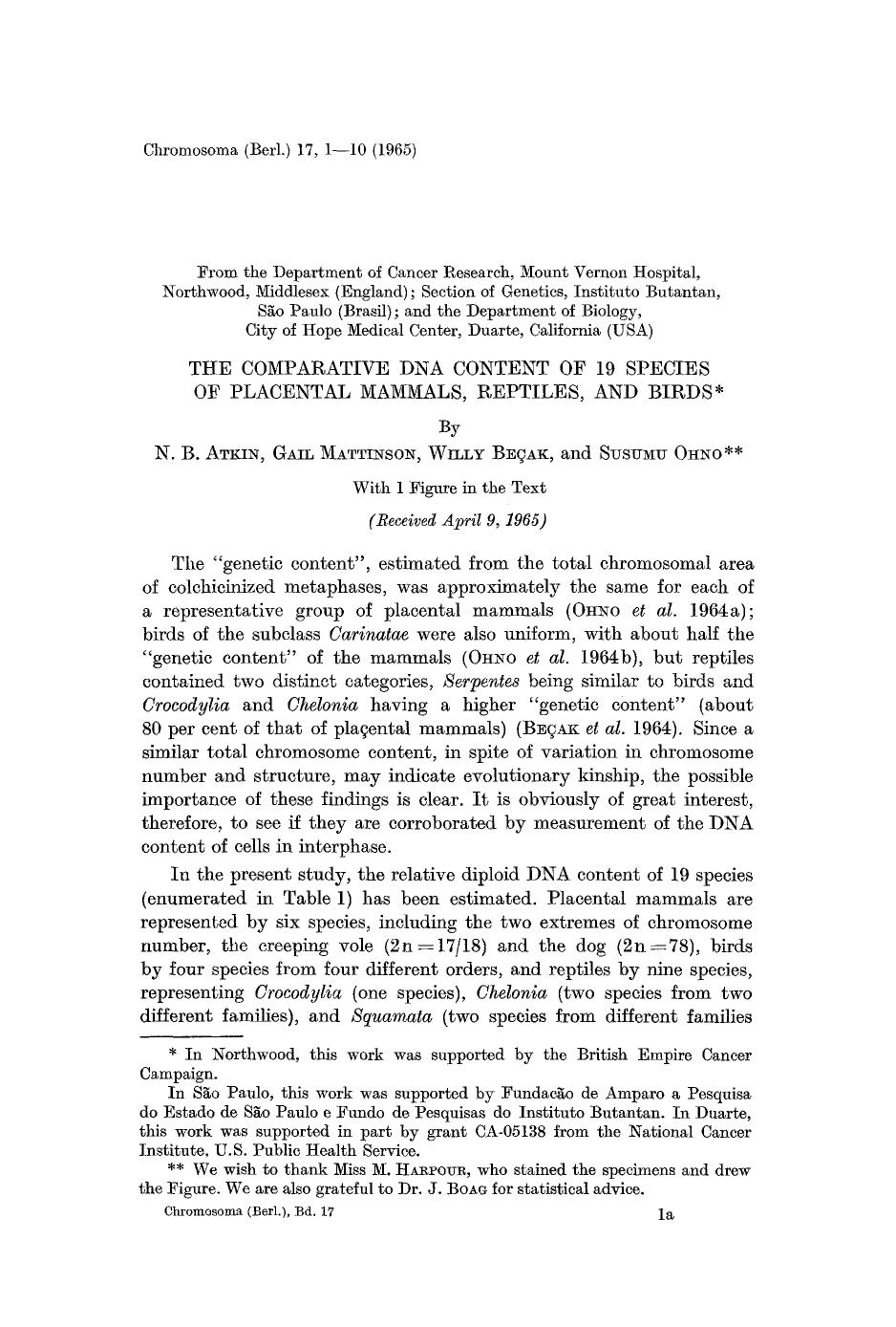 The comparative DNA content of 19 species of placental mammals, reptiles, and birds by Unknown