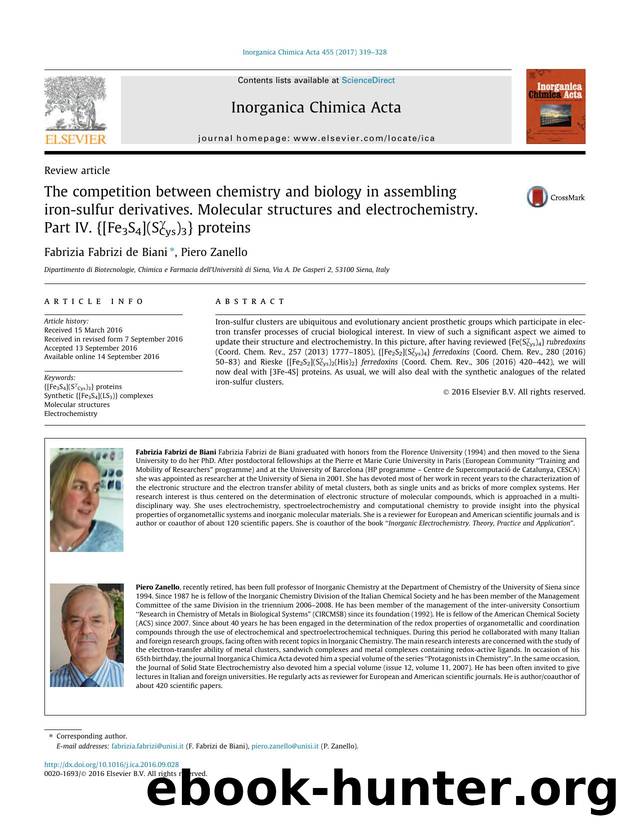The competition between chemistry and biology in assembling iron-sulfur derivatives. Molecular structures and electrochemistry. Part IV. {[Fe3S4](SÃÂ³Cys)3} proteins by Fabrizia Fabrizi de Biani & Piero Zanello