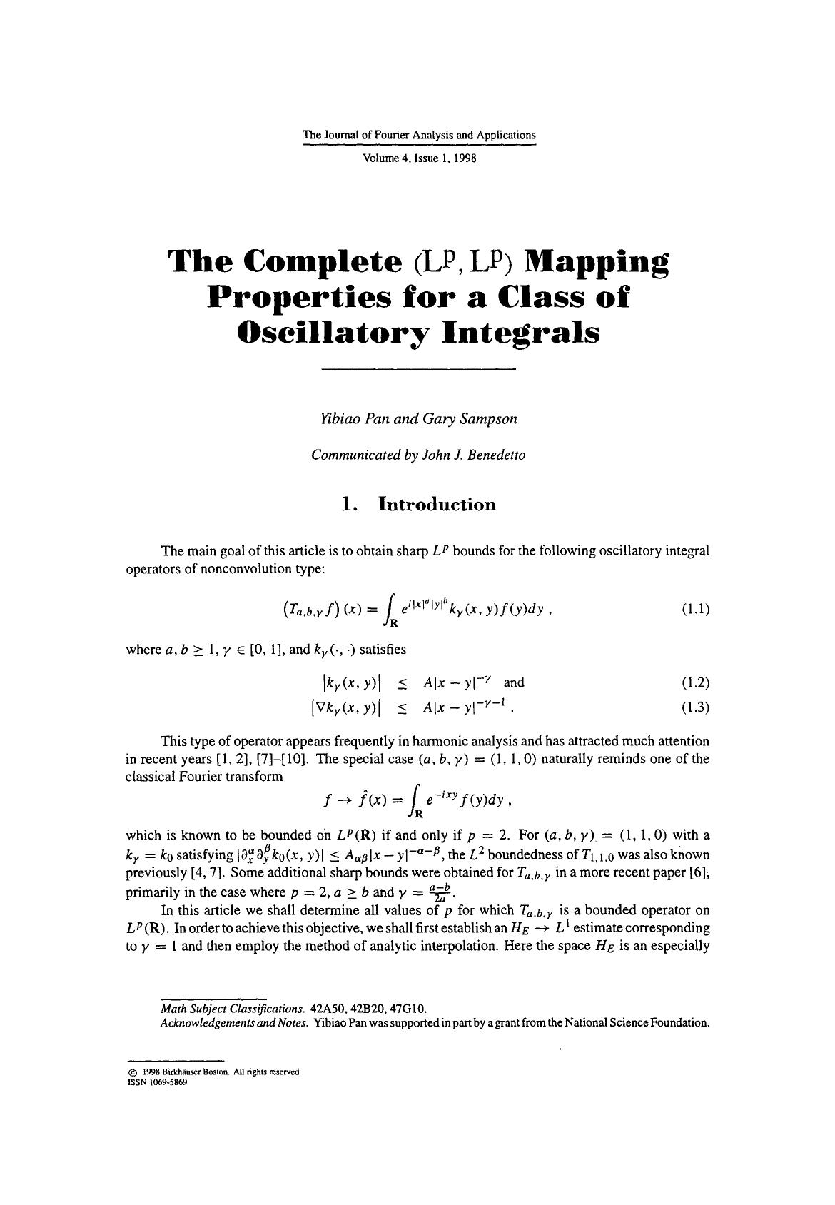 The complete (L <Superscript>p <Superscript>, L <Superscript>p <Superscript>) mapping properties for a class of oscillatory integrals by The complete (Lp Lp) mapping properties for a class of oscillatory integrals