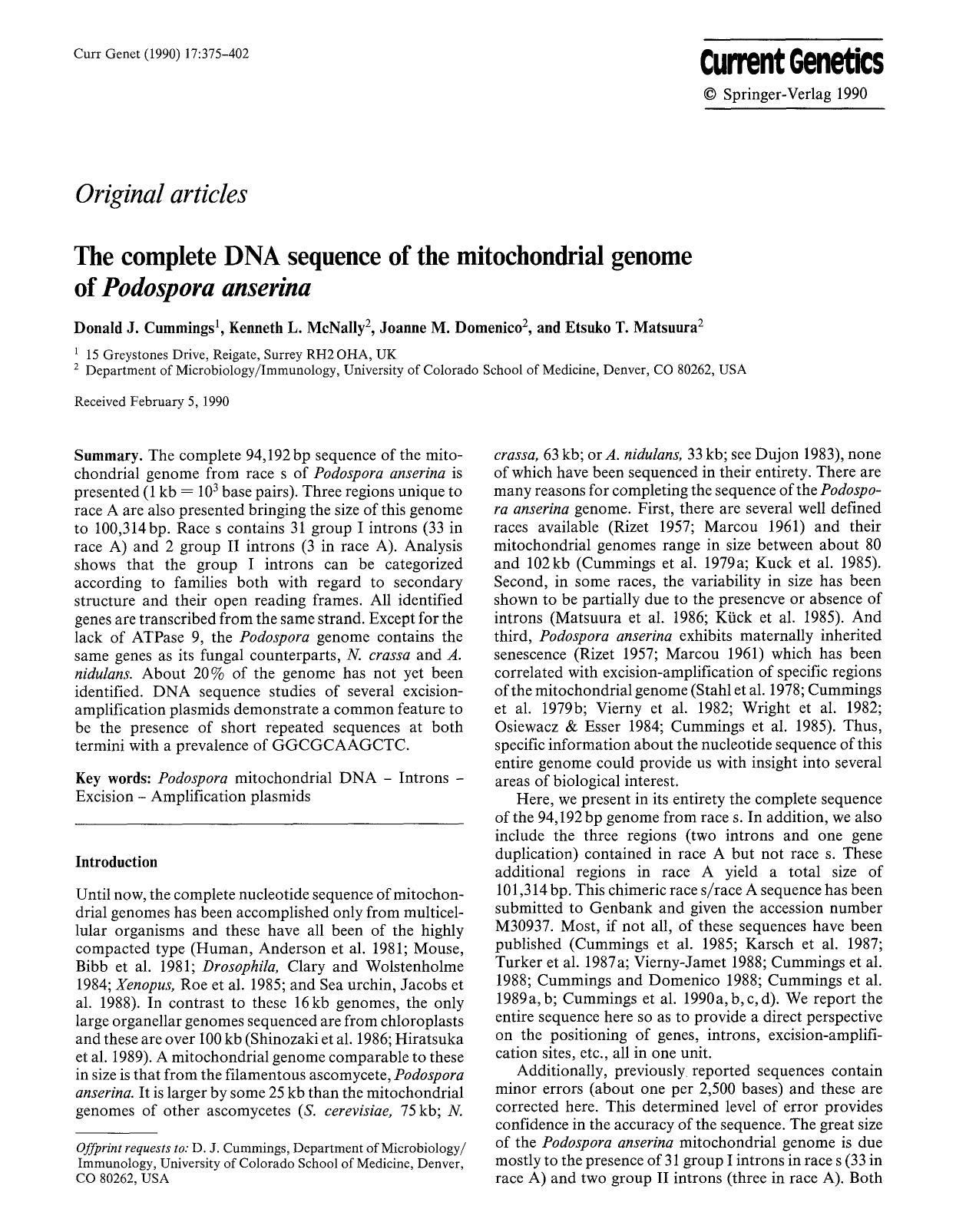 The complete DNA sequence of the mitochondrial genome of <Emphasis Type="Italic">Podospora anserina<Emphasis> by Unknown