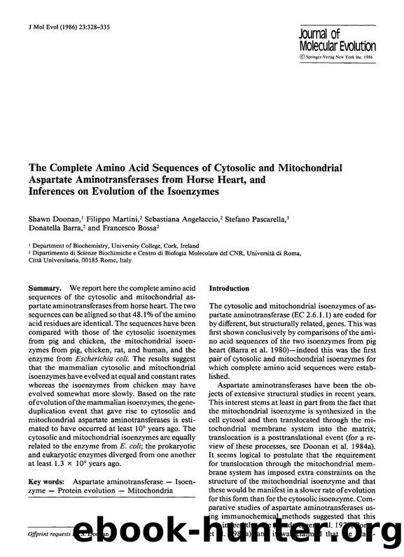 The complete amino acid sequences of cytosolic and mitochondrial aspartate aminotransferases from horse heart, and inferences on evolution of the isoenzymes by Unknown