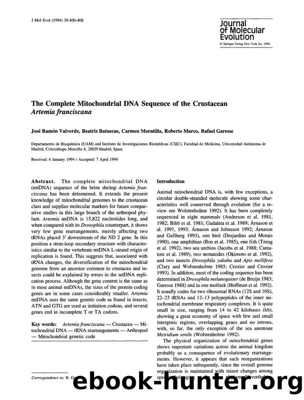 The complete mitochondrial DNA sequence of the crustacean  <Emphasis Type="Italic">Artemia franciscana <Emphasis> by Unknown