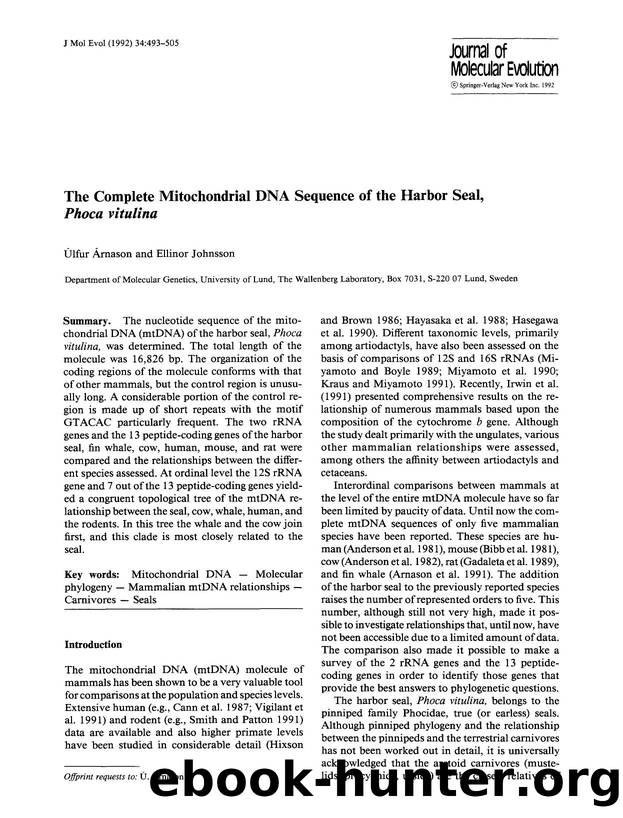 The complete mitochondrial DNA sequence of the harbor seal,  <Emphasis Type="Italic">Phoca vitulina <Emphasis> by Unknown