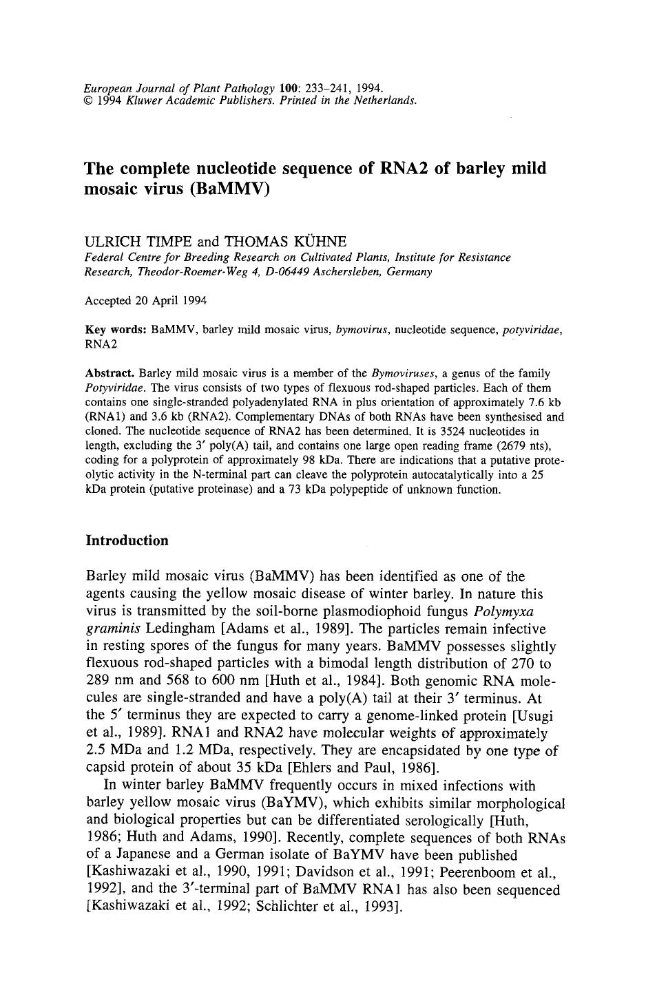 The complete nucleotide sequence of RNA2 of barley mild mosaic virus (BaMMV) by Unknown