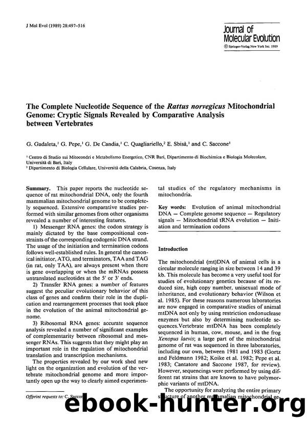 The complete nucleotide sequence of the <Emphasis Type="Italic">Rattus norvegicus <Emphasis> mitochondrial genome: Cryptic signals revealed by comparative analysis between vertebrates by Unknown