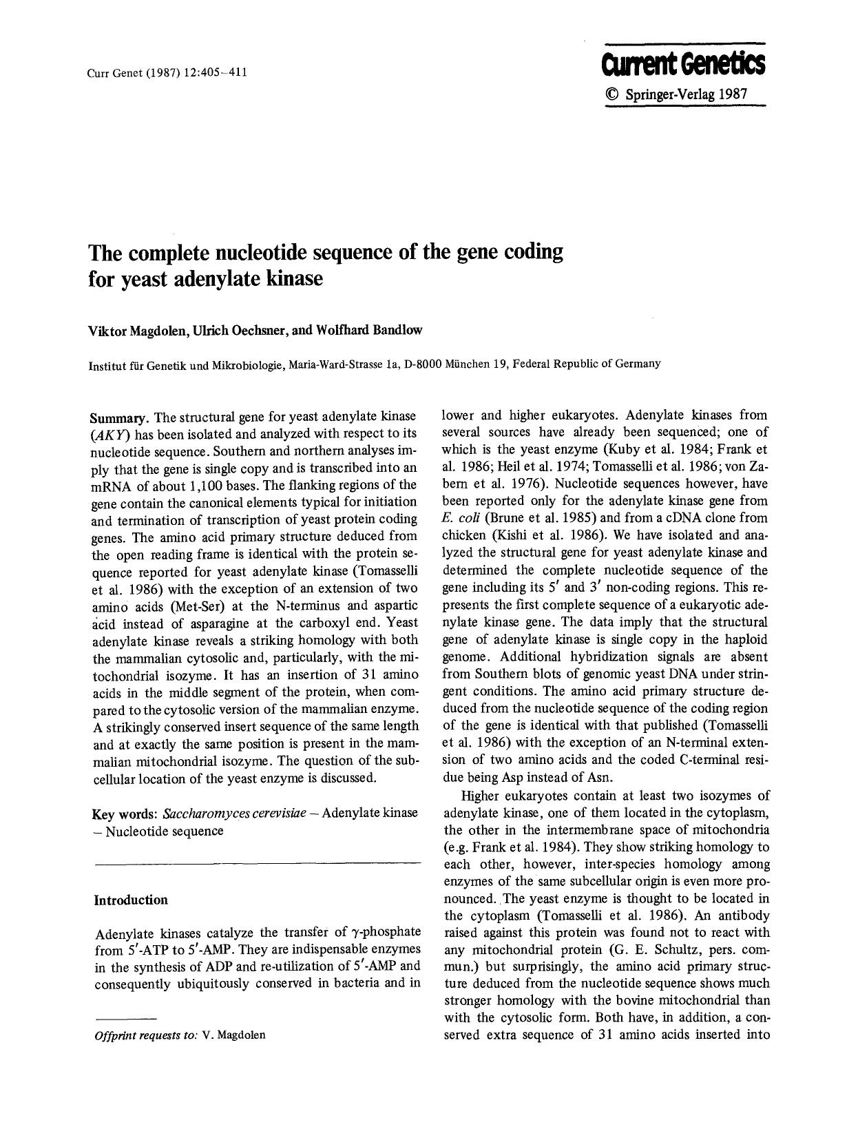 The complete nucleotide sequence of the gene coding for yeast adenylate kinase by Unknown