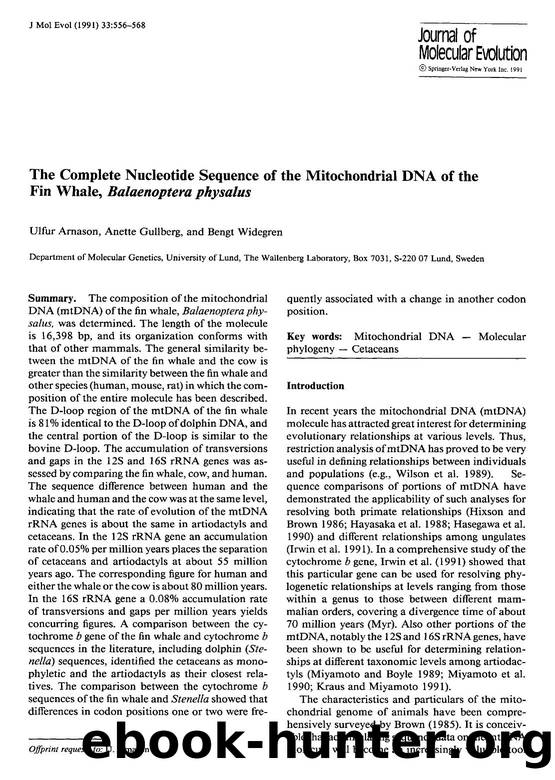 The complete nucleotide sequence of the mitochondrial DNA of the fin whale, <Emphasis Type="Italic">Balaenoptera physalus <Emphasis> by Unknown